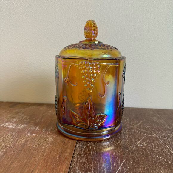 Indiana Glass Iridescent Carnival Glass Gold‎ Harvest Candy Jar - Picture 2 of 9